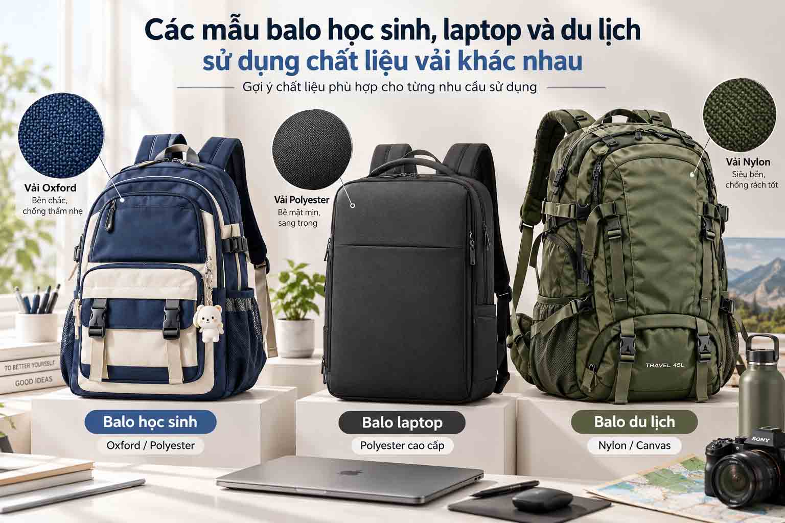 Vải May Balo Có Những Loại Nào? Cách Chọn Phù Hợp 6 Các mẫu balo học sinh, laptop và du lịch sử dụng chất liệu vải khác nhau