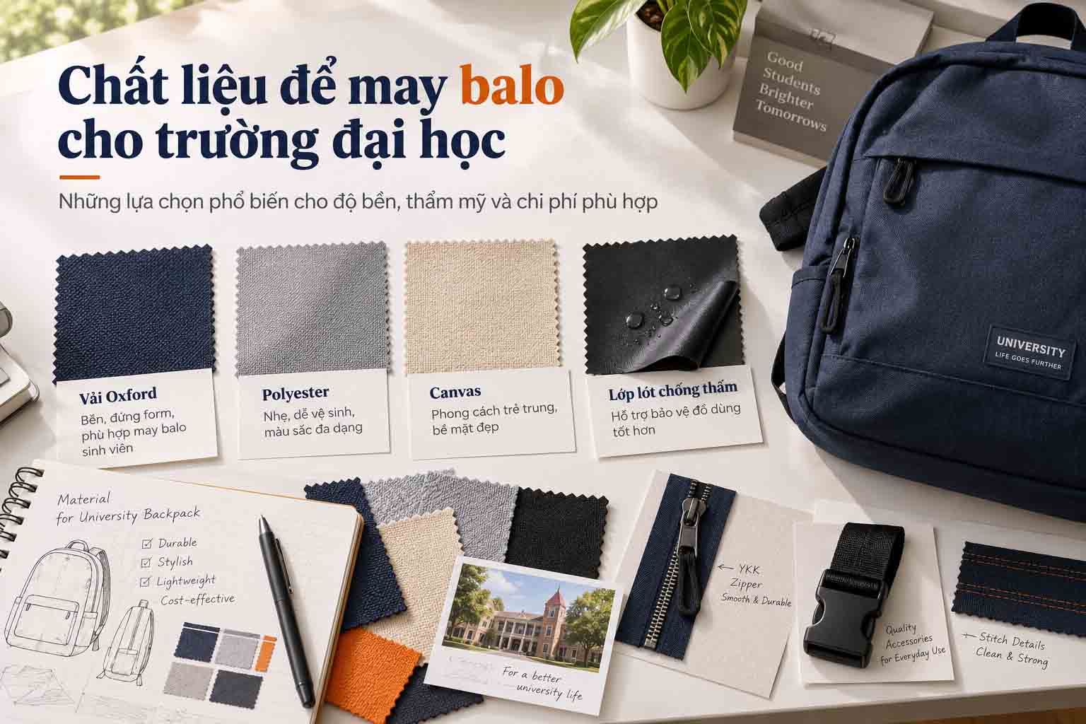 May Balo Trường Đại Học Theo Yêu Cầu Chất Lượng, Giá Tốt 10 Các loại vải thường dùng để may balo trường đại học