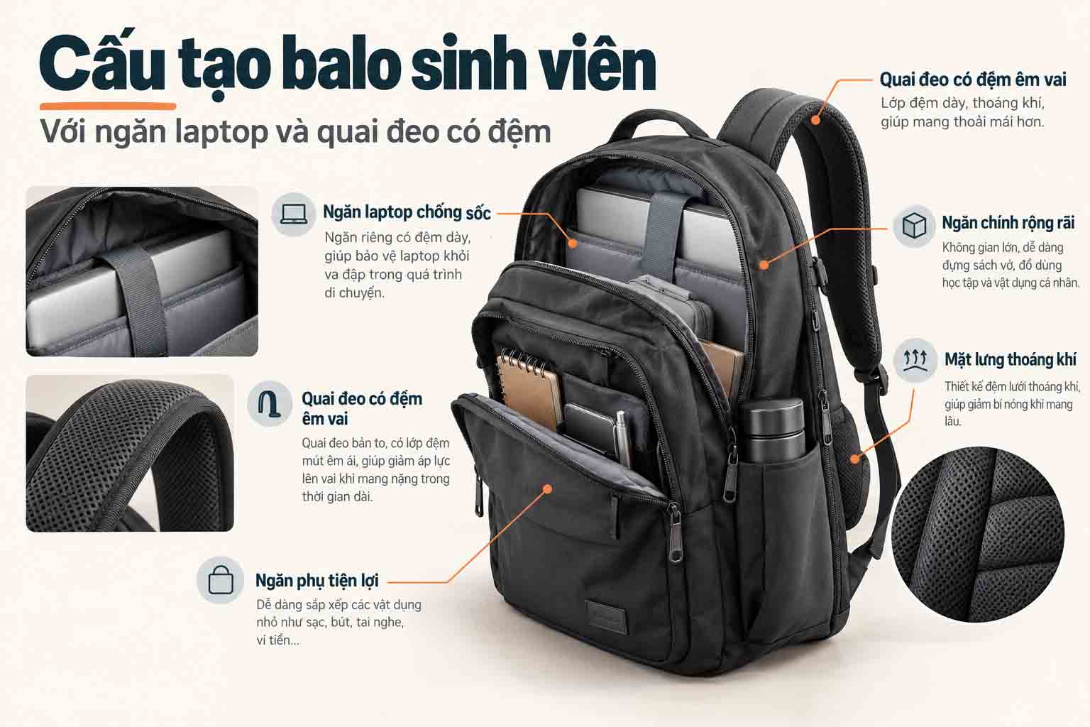 May Balo Trường Đại Học Theo Yêu Cầu Chất Lượng, Giá Tốt 9 Cấu tạo balo sinh viên với ngăn laptop và quai đeo có đệm