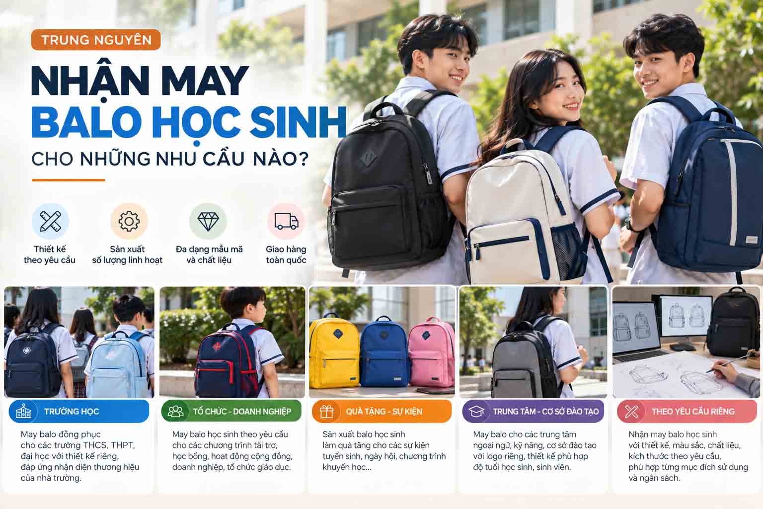 Balo đồng phục học sinh in logo trường theo yêu cầu