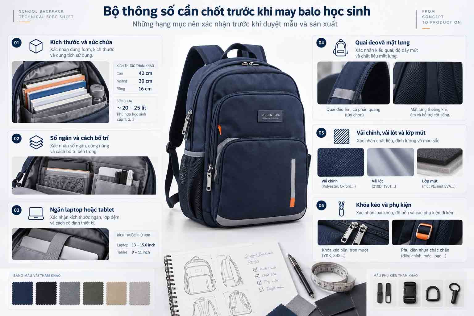 Bộ thông số cần chốt trước khi may balo học sinh
