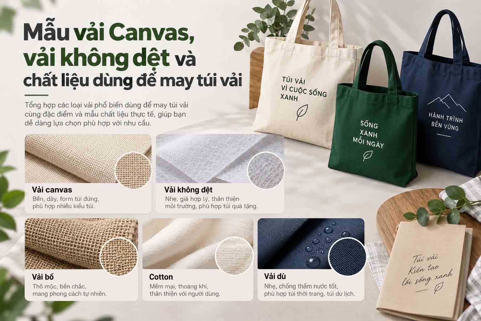 Các lựa chọn chất liệu, kích thước, quai xách và phụ kiện khi đặt may túi vải theo yêu cầu