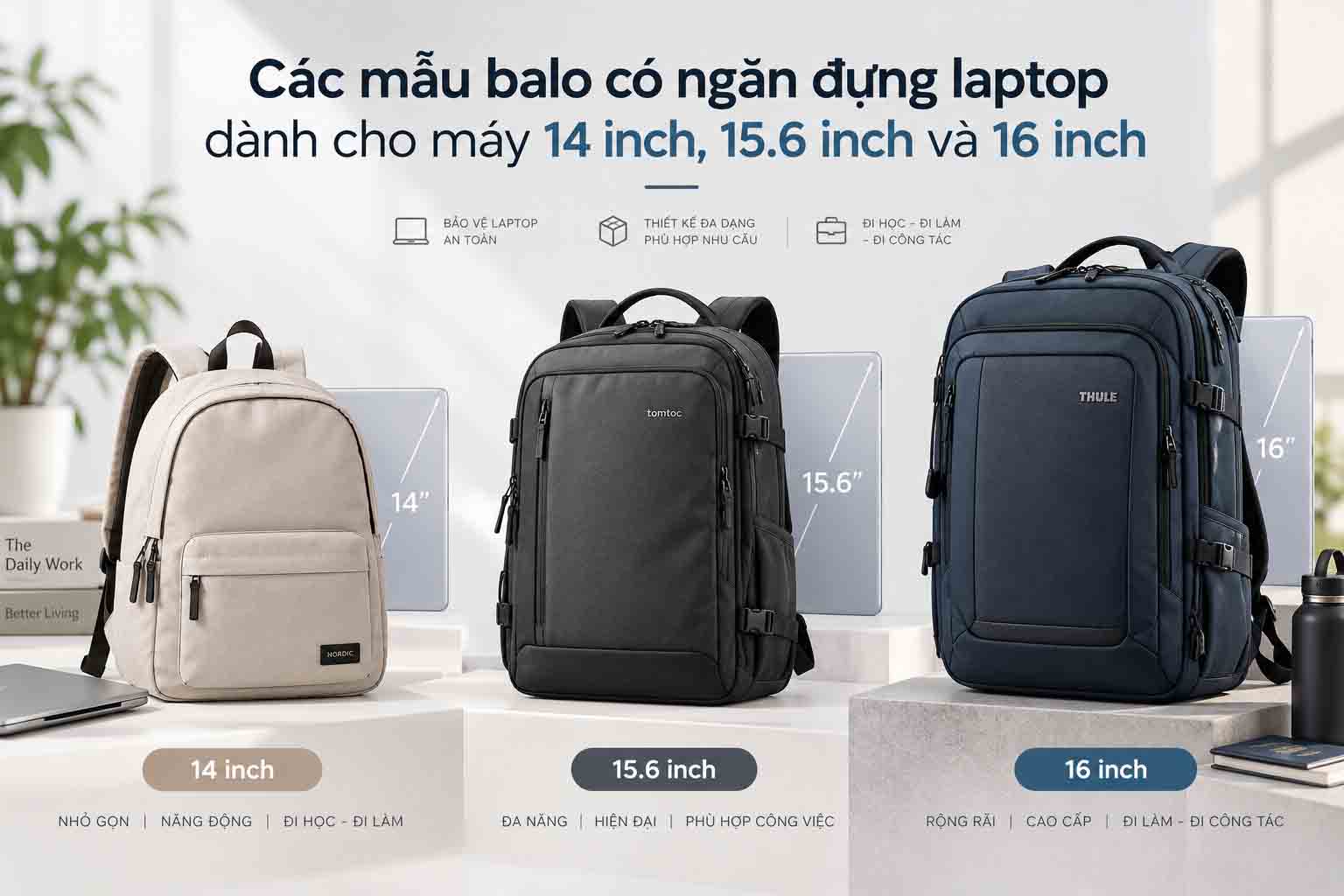 Các mẫu balo có ngăn đựng laptop dành cho máy 14 inch, 15.6 inch và 16 inch
