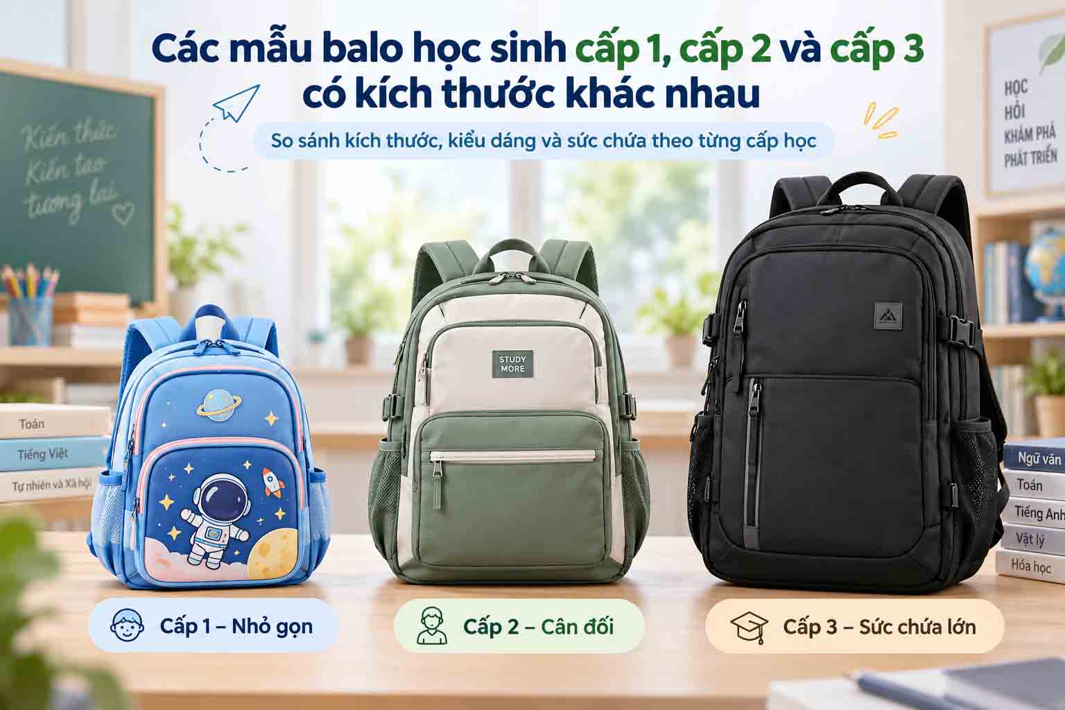 Các mẫu balo học sinh cấp 1, cấp 2 và cấp 3 có kích thước khác nhau