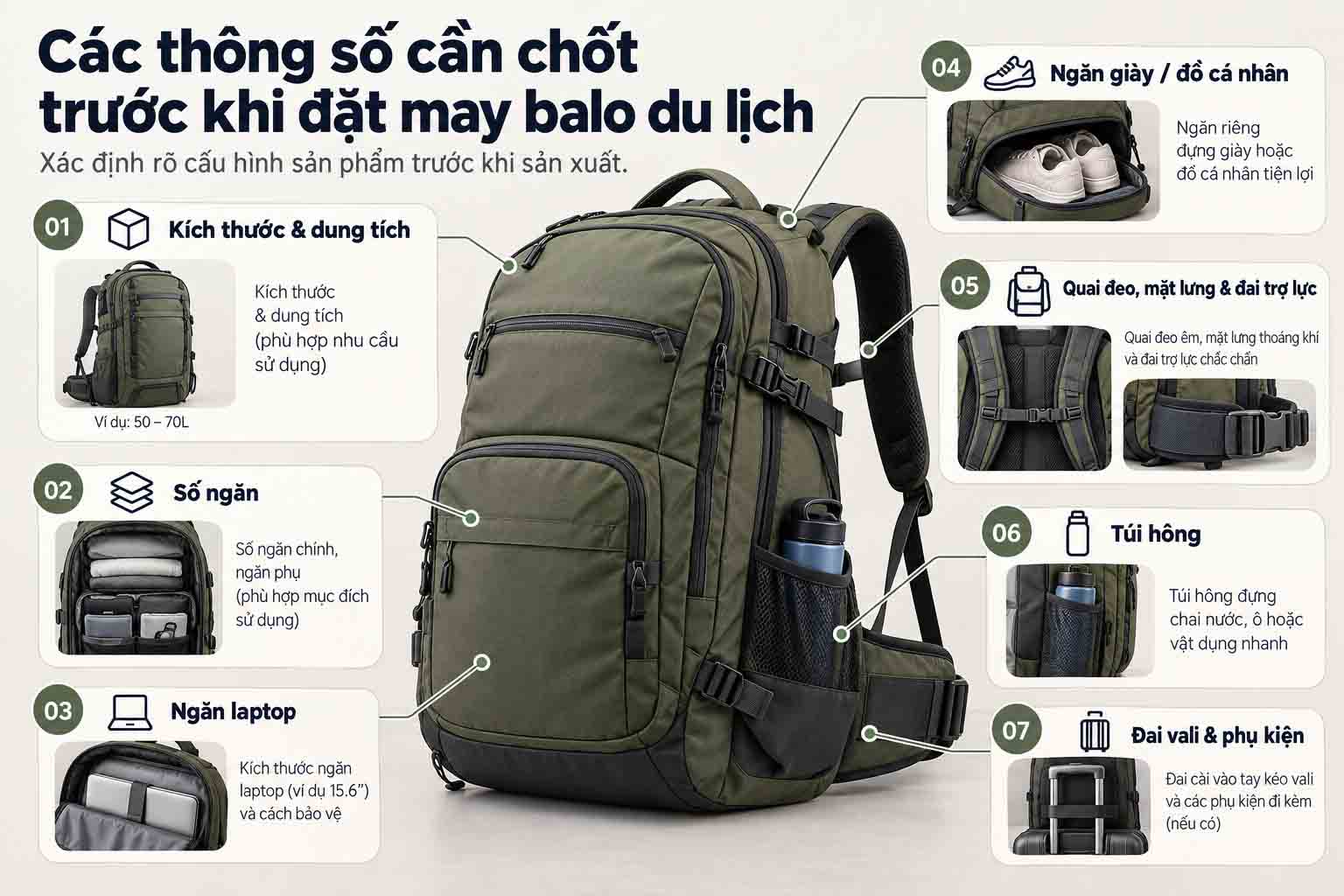Các thông số cần chốt trước khi đặt may balo du lịch