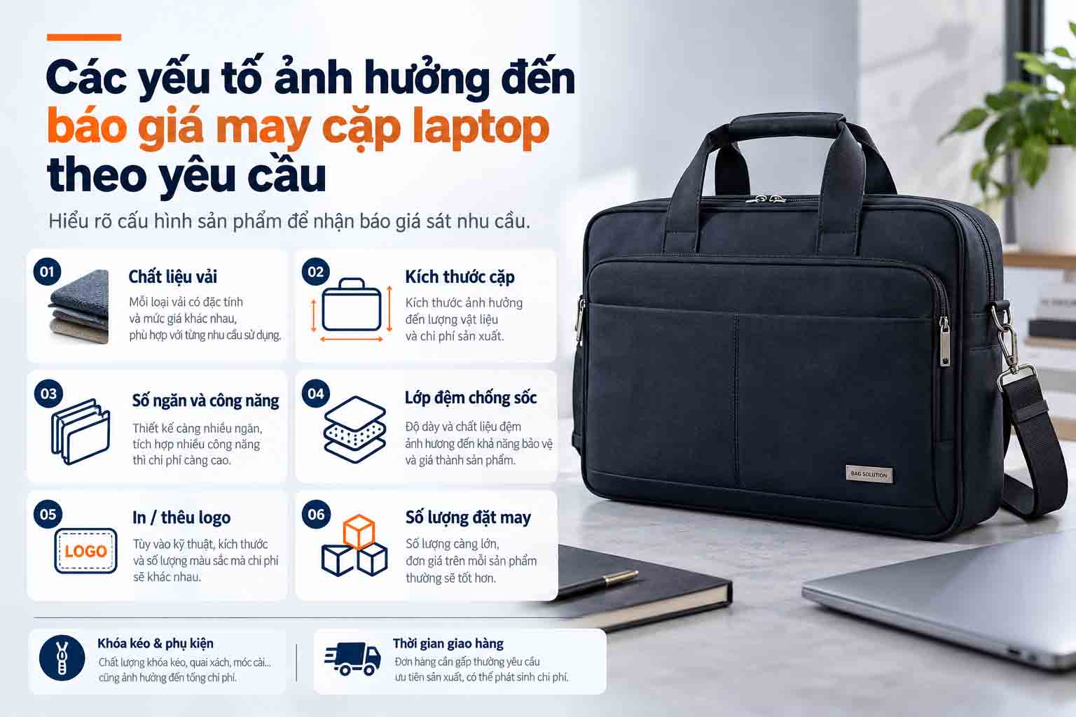 Các yếu tố ảnh hưởng đến báo giá may cặp laptop theo yêu cầu