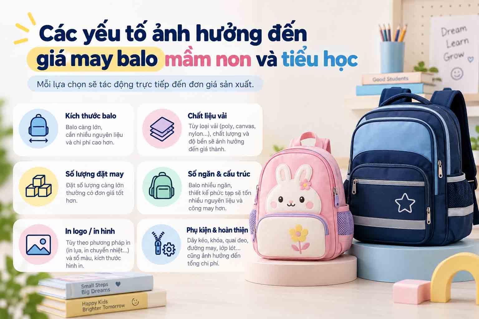 Các yếu tố ảnh hưởng đến giá may balo mầm non và tiểu học