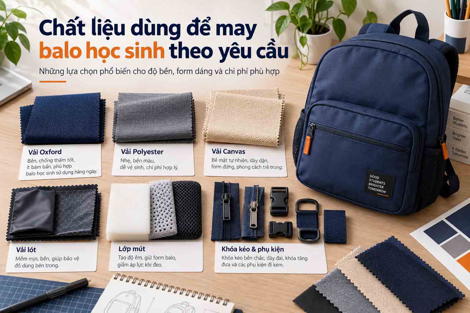 Chất liệu dùng để may balo học sinh theo yêu cầu