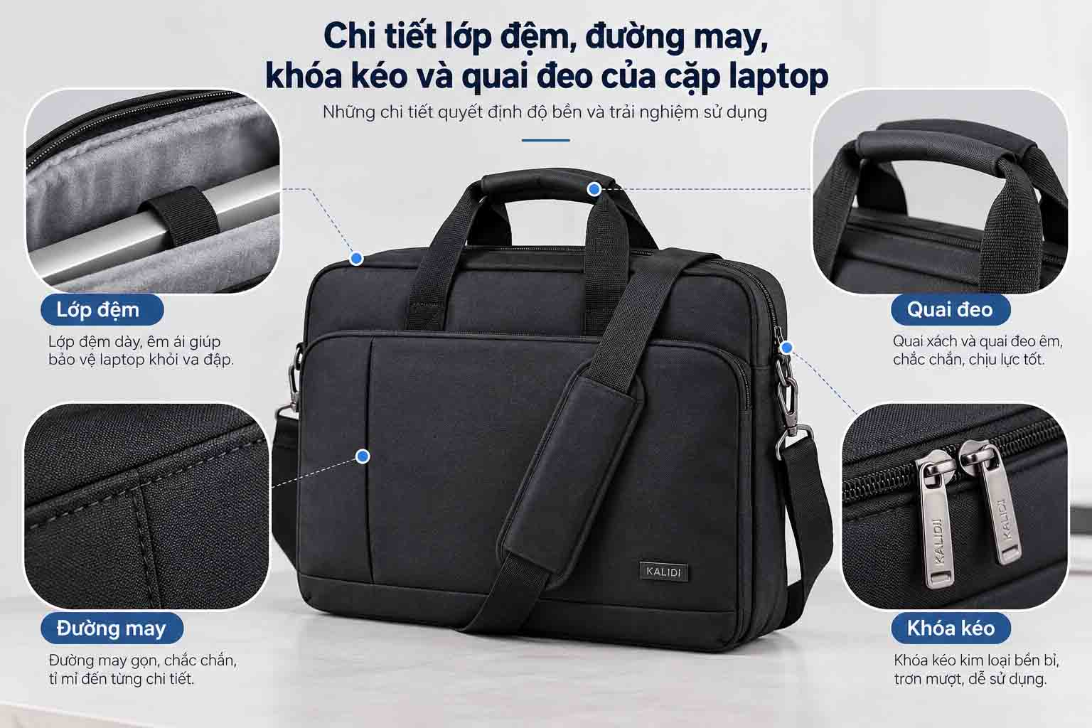 Chi tiết lớp đệm, đường may, khóa kéo và quai đeo của cặp laptop