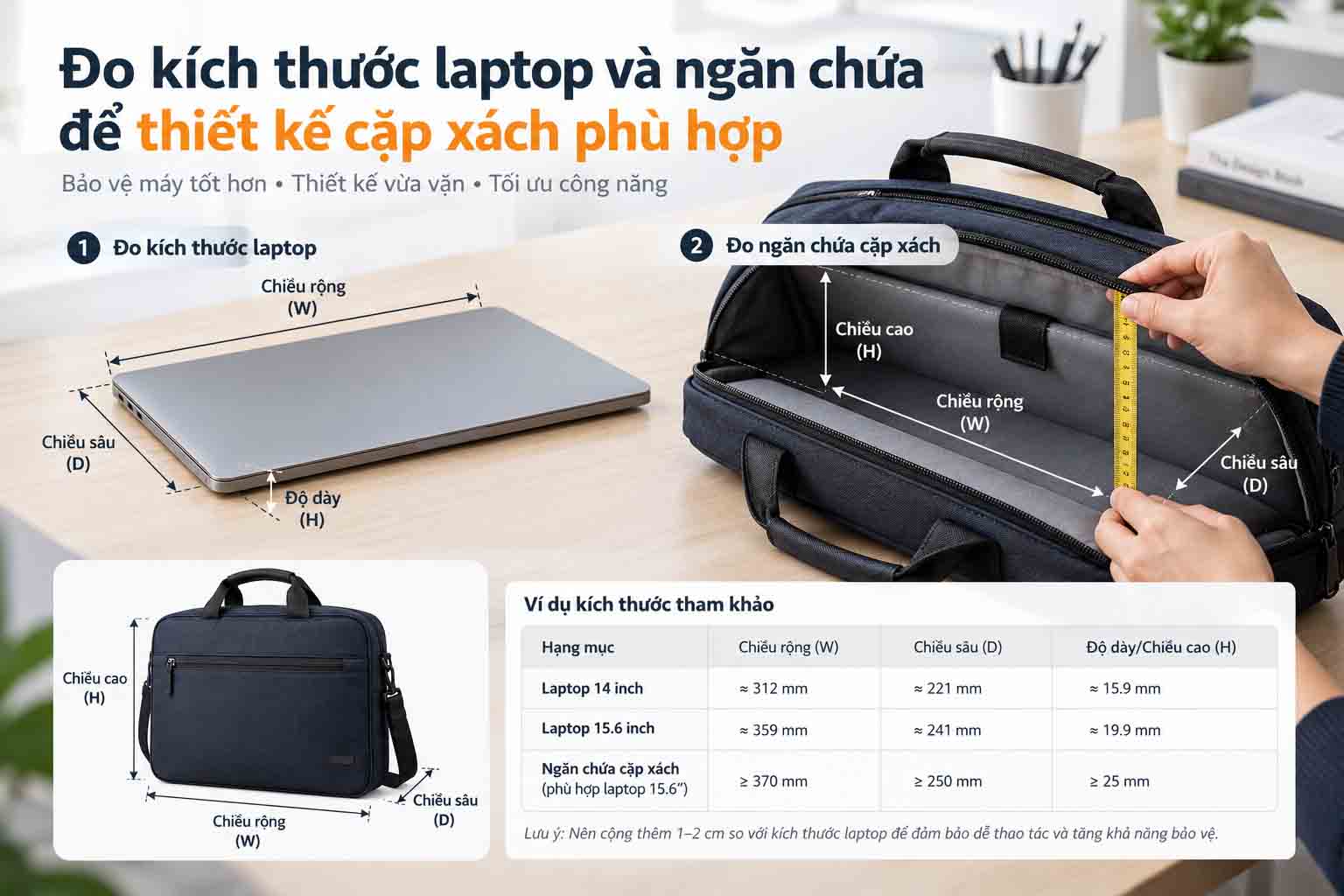 Đo kích thước laptop và ngăn chứa để thiết kế cặp xách phù hợp
