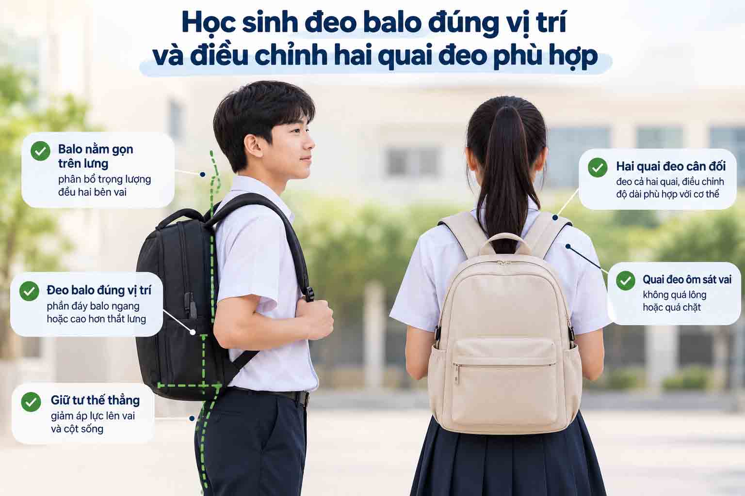 Học sinh đeo balo đúng vị trí và điều chỉnh hai quai đeo phù hợp