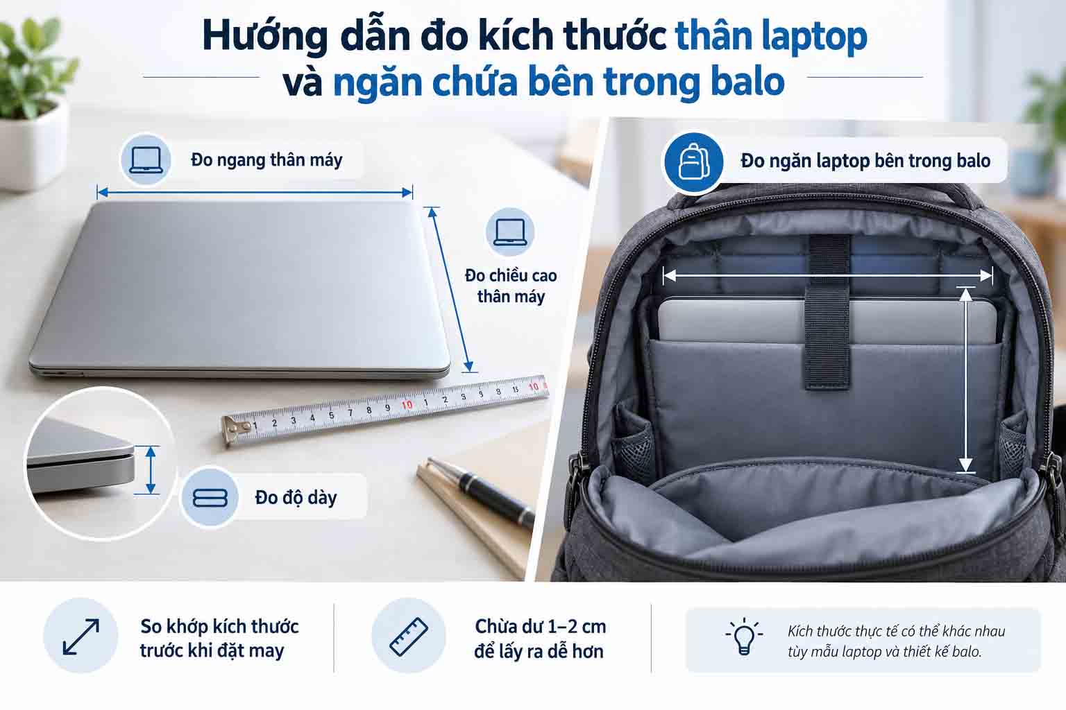 Hướng dẫn đo kích thước thân laptop và ngăn chứa bên trong balo