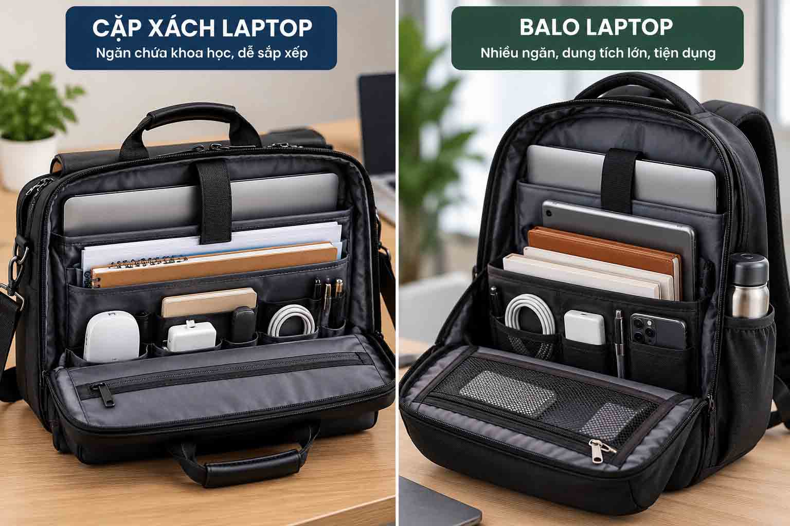 Kiểm tra khả năng chứa laptop, bộ sạc và tài liệu trong cặp xách và balo