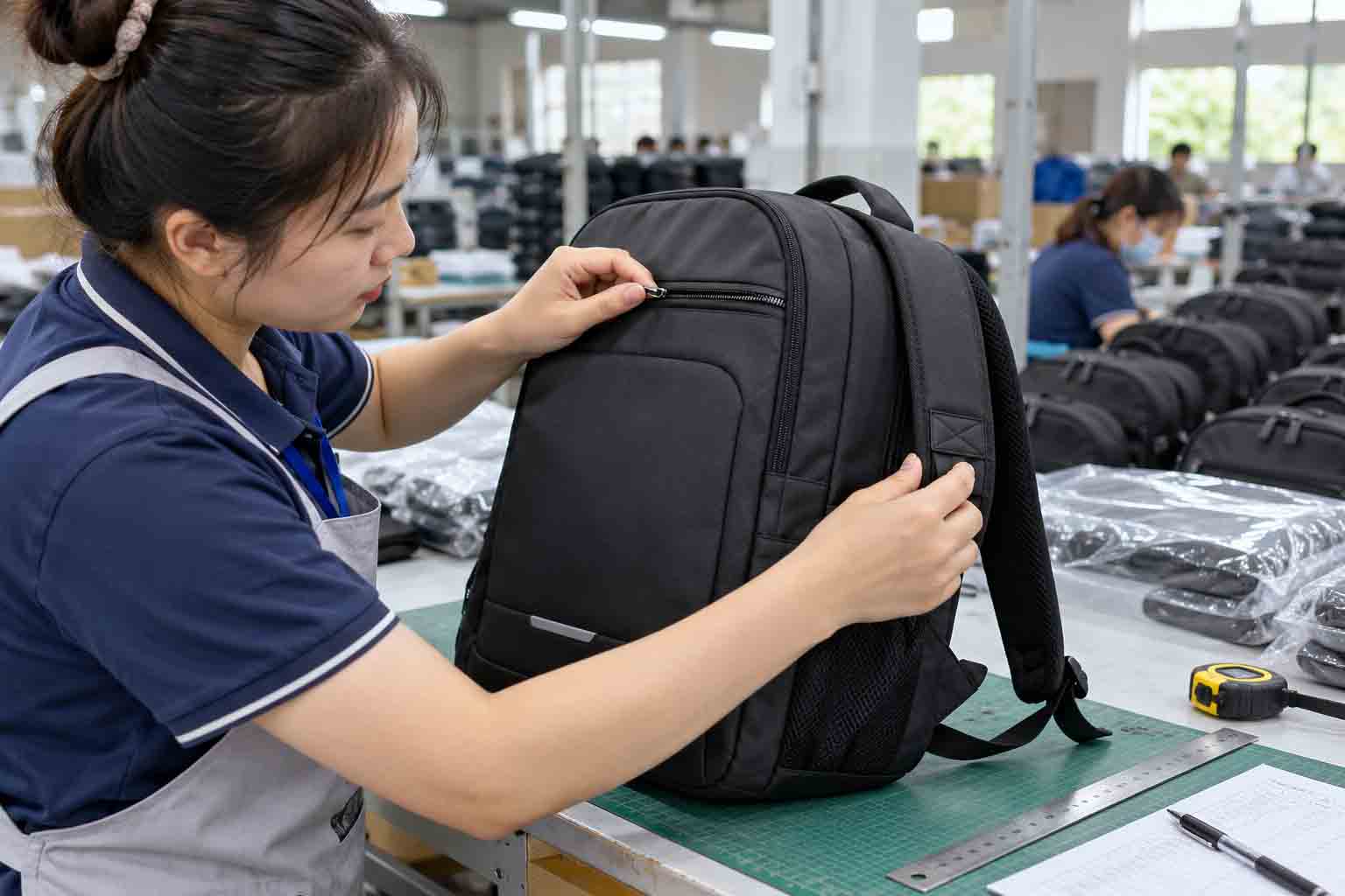 Kiểm tra khóa kéo, quai đeo và vị trí in logo trên balo trước khi giao hàng