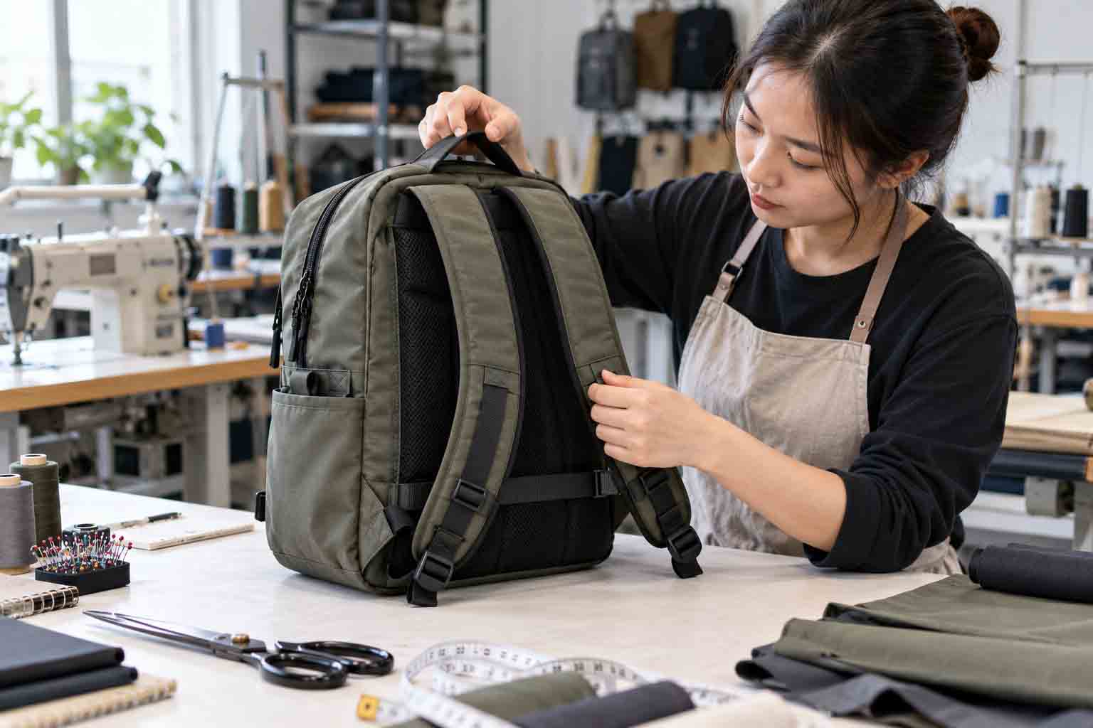 Kiểm tra phom dáng, quai đeo và đường may trên mẫu balo đã hoàn thiện