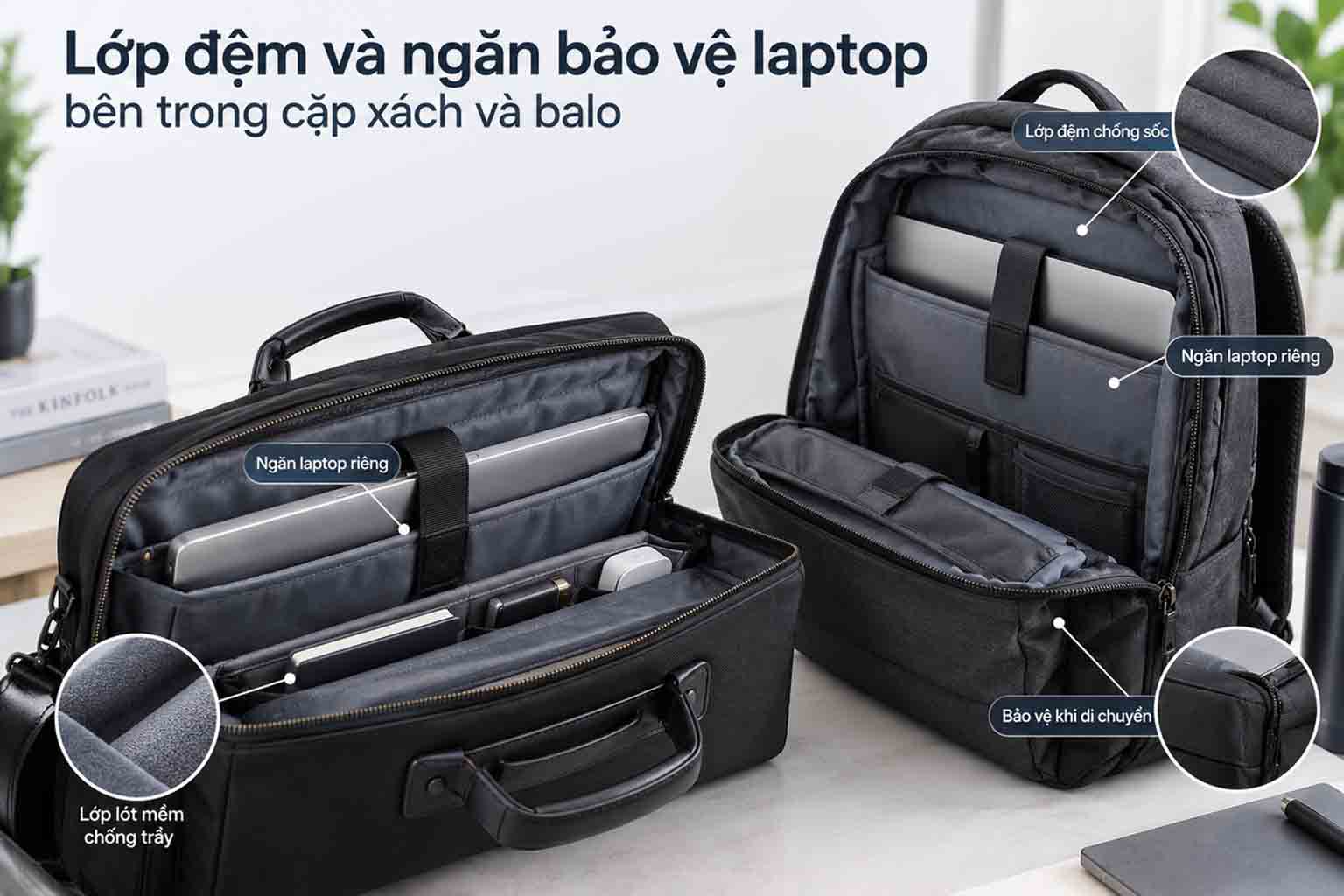 Lớp đệm và ngăn bảo vệ laptop bên trong cặp xách và balo