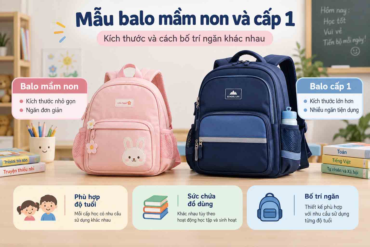 Mẫu balo mầm non và cấp 1 với kích thước, cách bố trí ngăn khác nhau