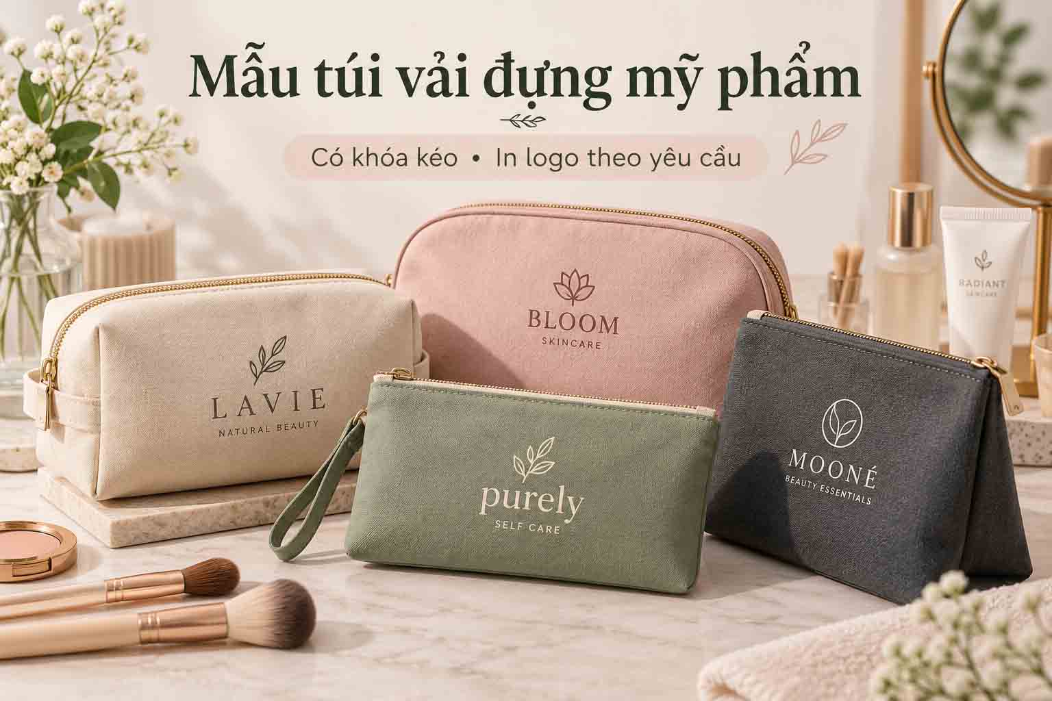 Mẫu túi vải đựng mỹ phẩm có khóa kéo và in logo theo yêu cầu