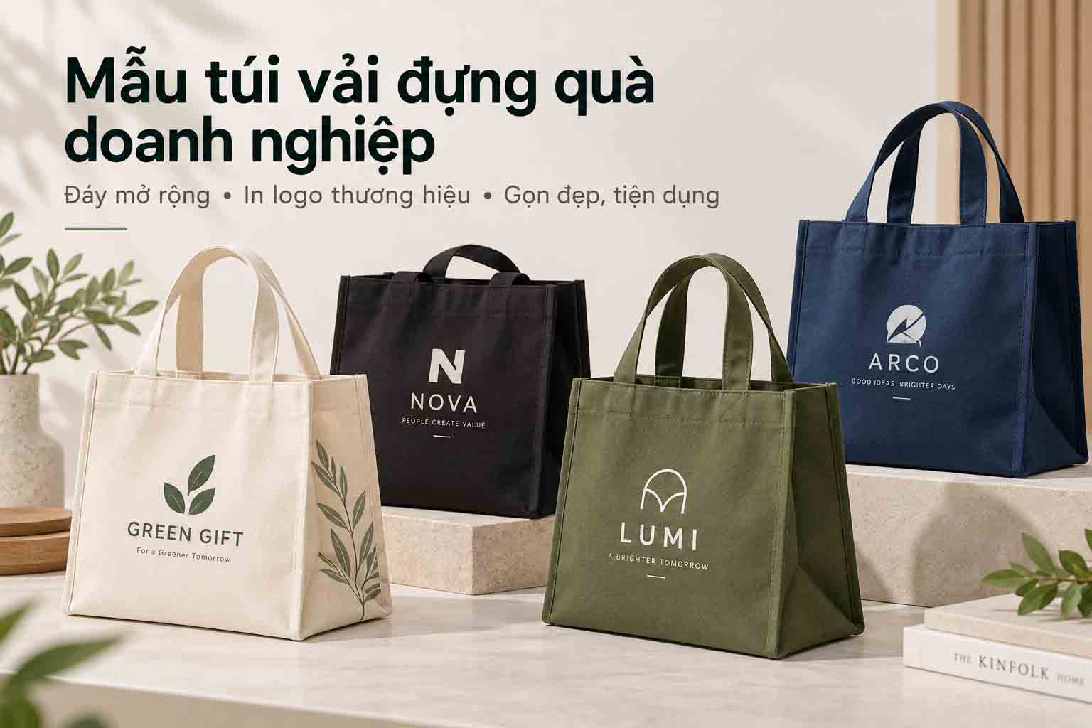 Mẫu túi vải đựng quà doanh nghiệp có đáy mở rộng và in logo thương hiệu