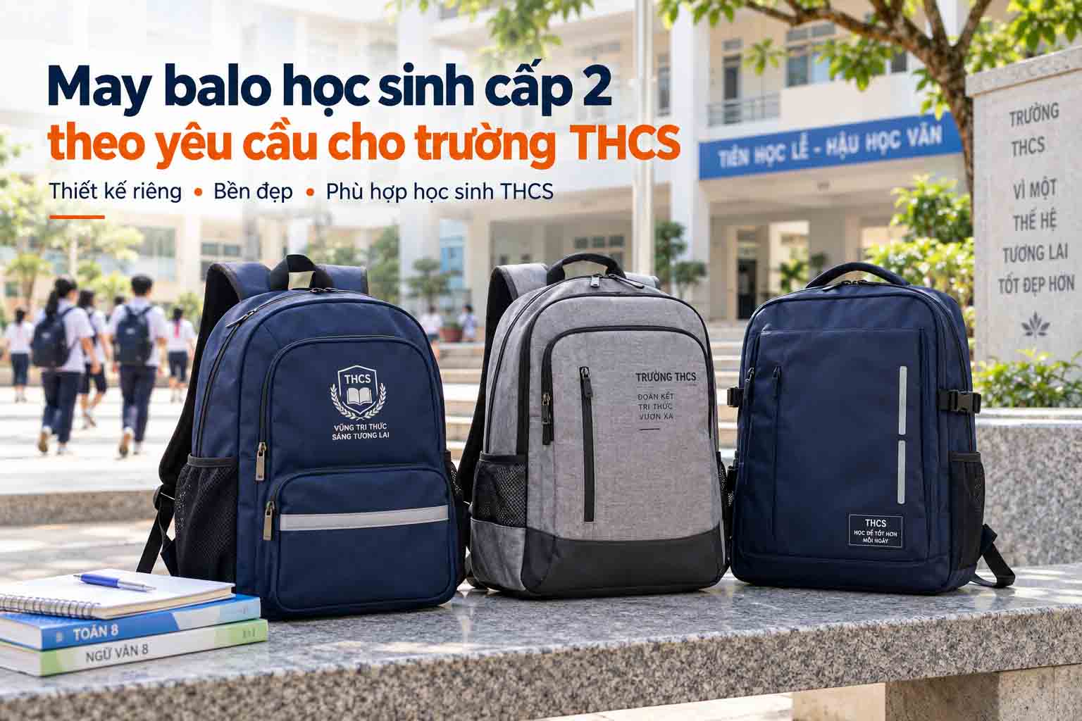 May balo học sinh cấp 2 theo yêu cầu cho trường THCS