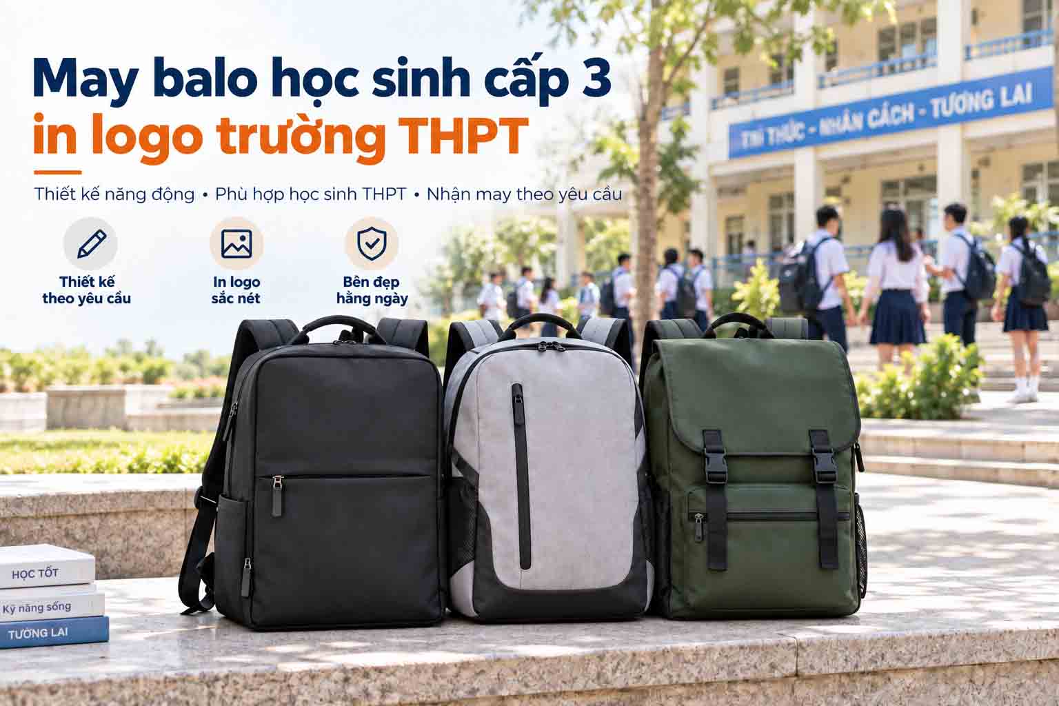 May balo học sinh cấp 3 in logo trường THPT