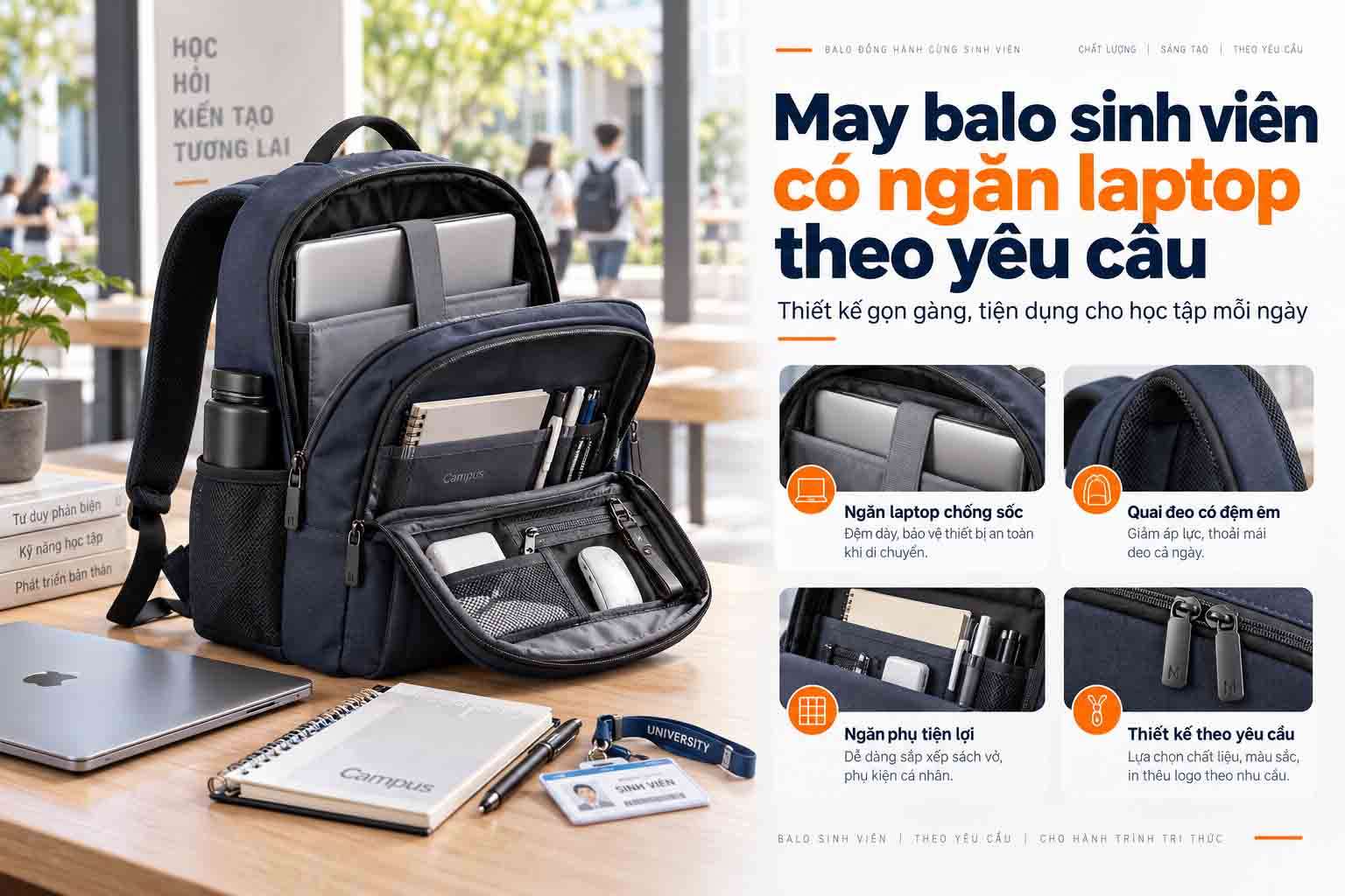 May balo sinh viên có ngăn laptop theo yêu cầu