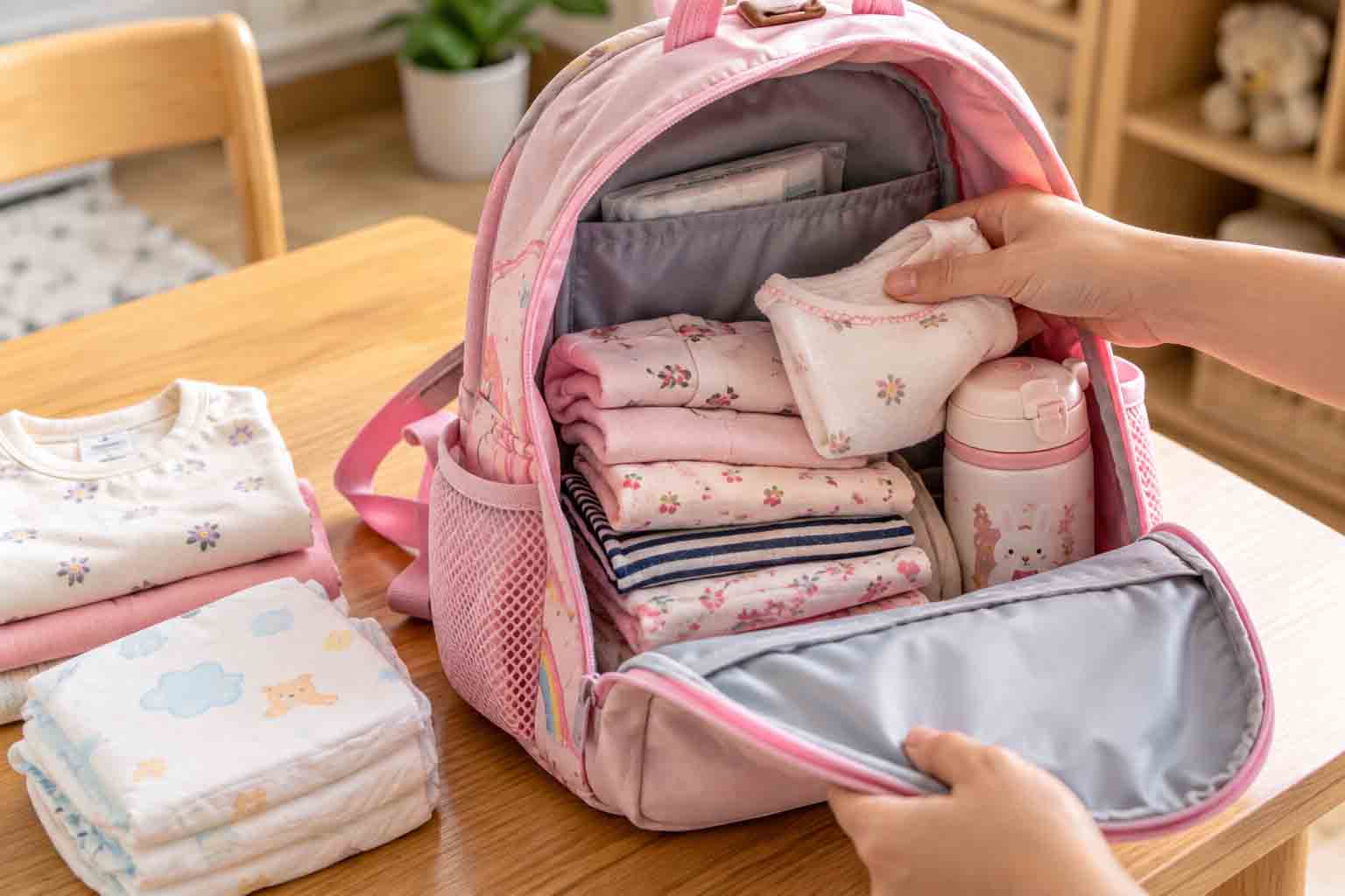 Bé Đi Mẫu Giáo Cần Mang Gì? Checklist 10 Đồ Dùng Cần Thiết 4 Quần áo và bình nước được sắp xếp vào các ngăn balo mẫu giáo