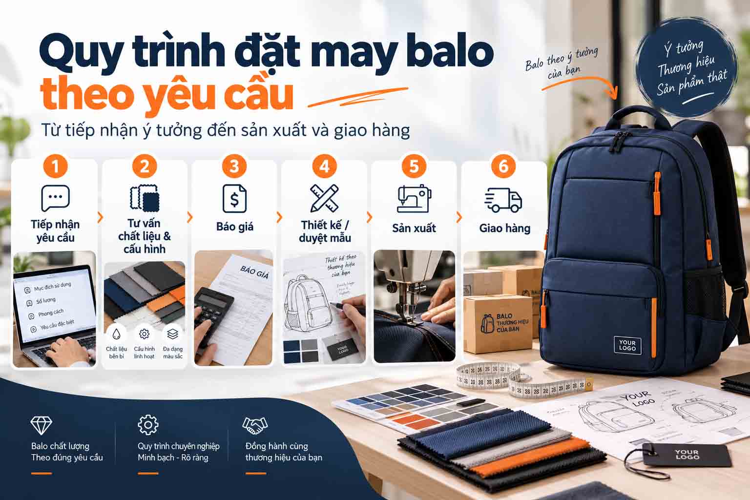 May Balo Số Lượng Ít Tại Xưởng May Balo Giá Rẻ Trung Nguyên 6 Quy trình đặt may balo theo yêu cầu số lượng ít