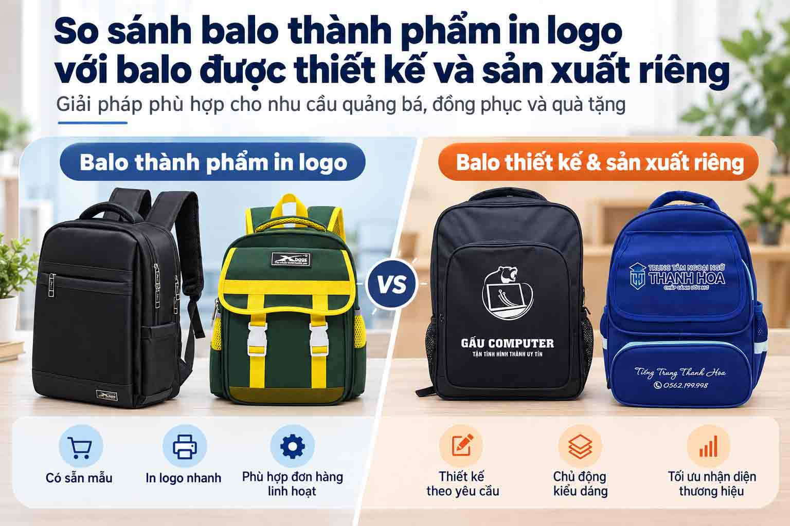 May Balo Số Lượng Ít Tại Xưởng May Balo Giá Rẻ Trung Nguyên 5 So sánh balo thành phẩm in logo với balo được thiết kế và sản xuất riêng