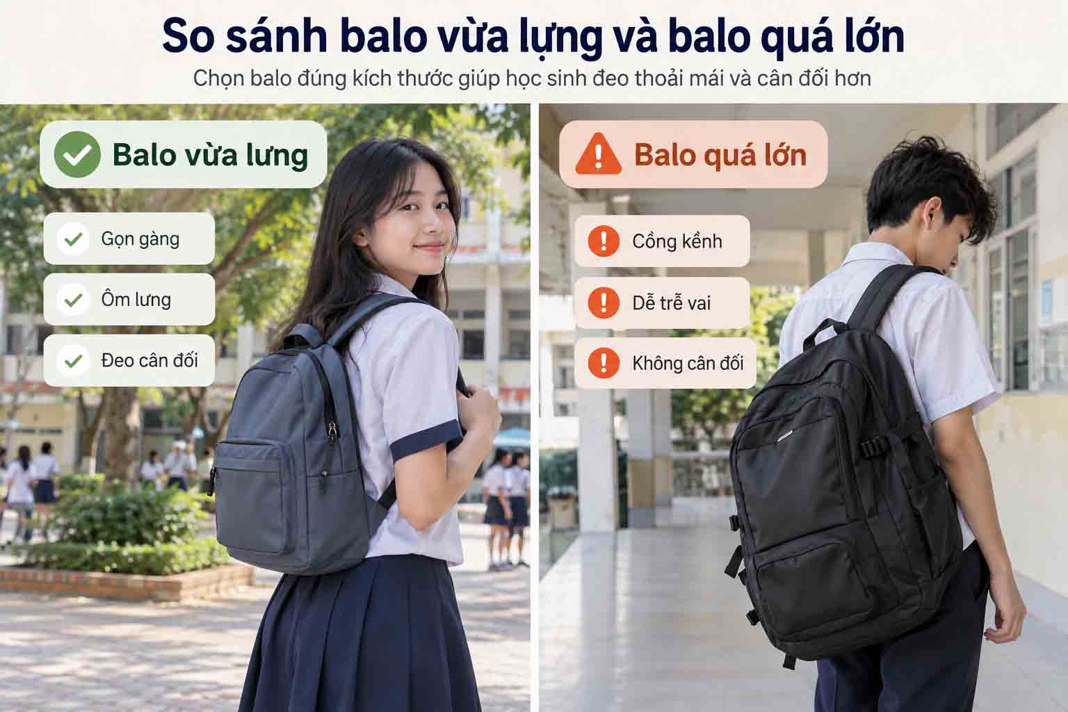So sánh balo vừa lưng và balo quá lớn khi học sinh đeo trên vai