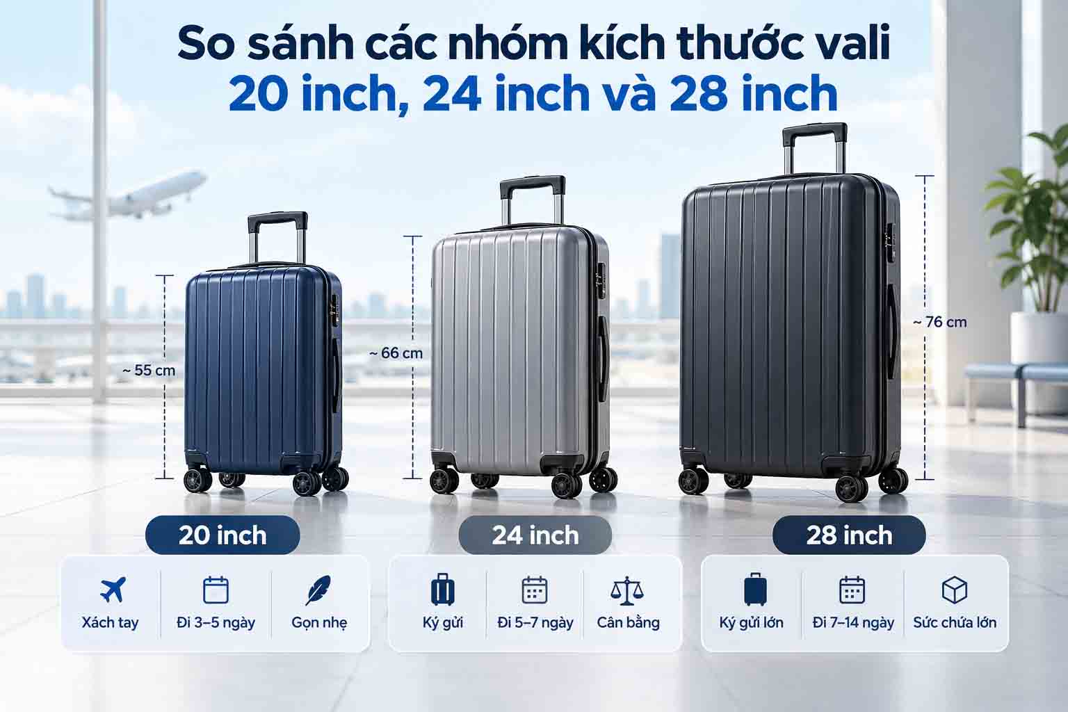 So sánh các nhóm kích thước vali 20 inch, 24 inch và 28 inch
