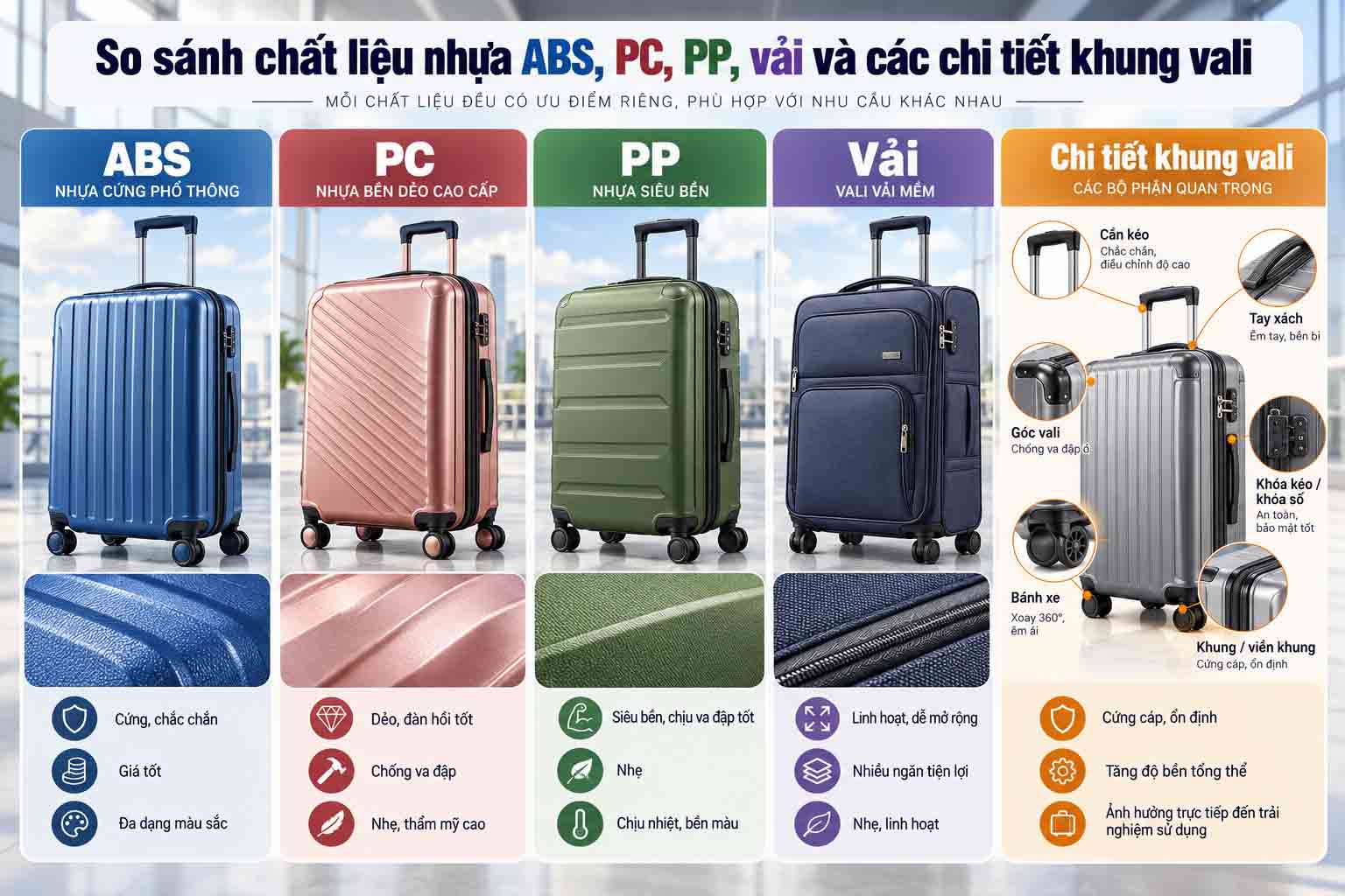 So sánh chất liệu nhựa ABS, PC, PP, vải và các chi tiết khung vali