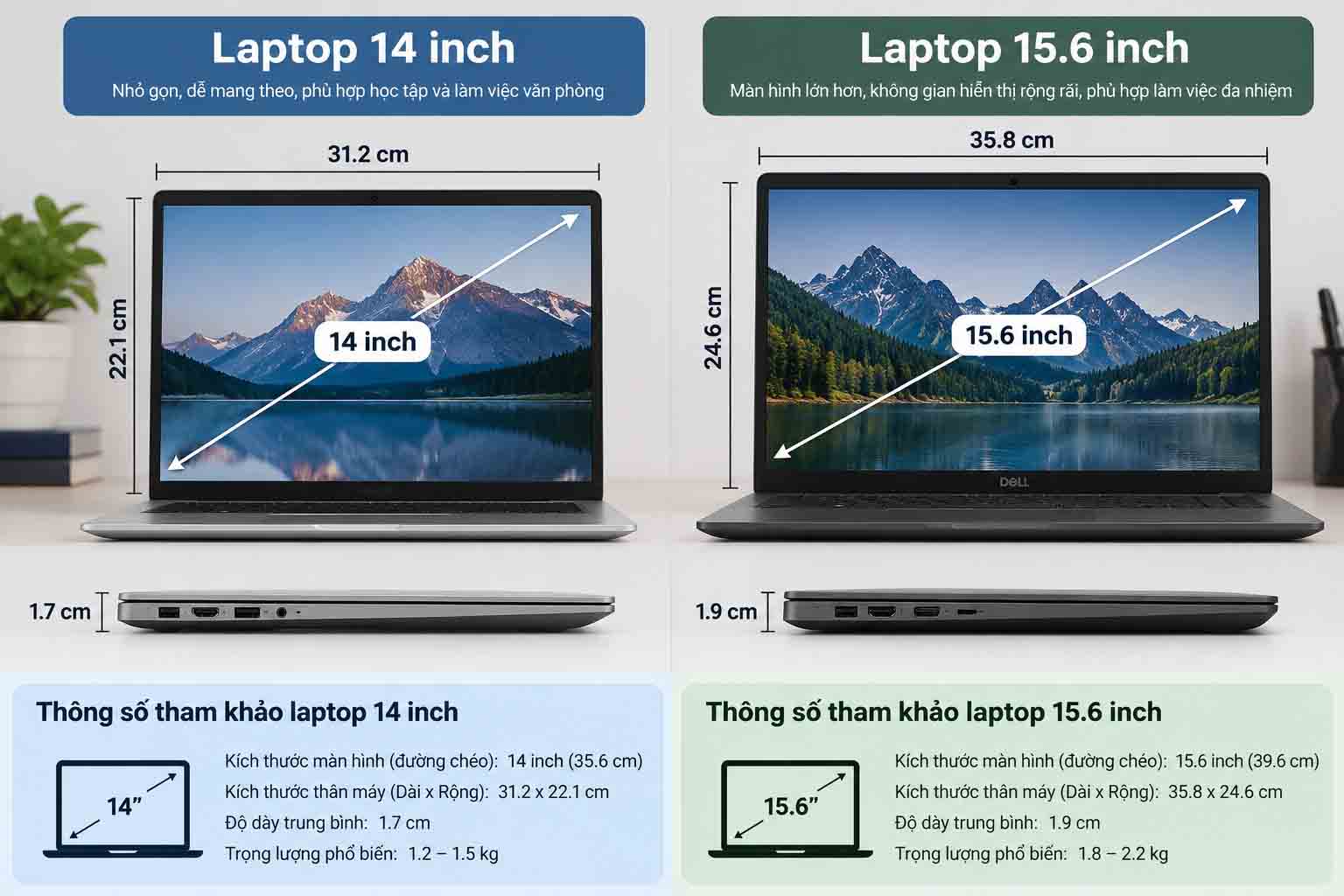 So sánh kích thước thân laptop 14 inch và 15.6 inch