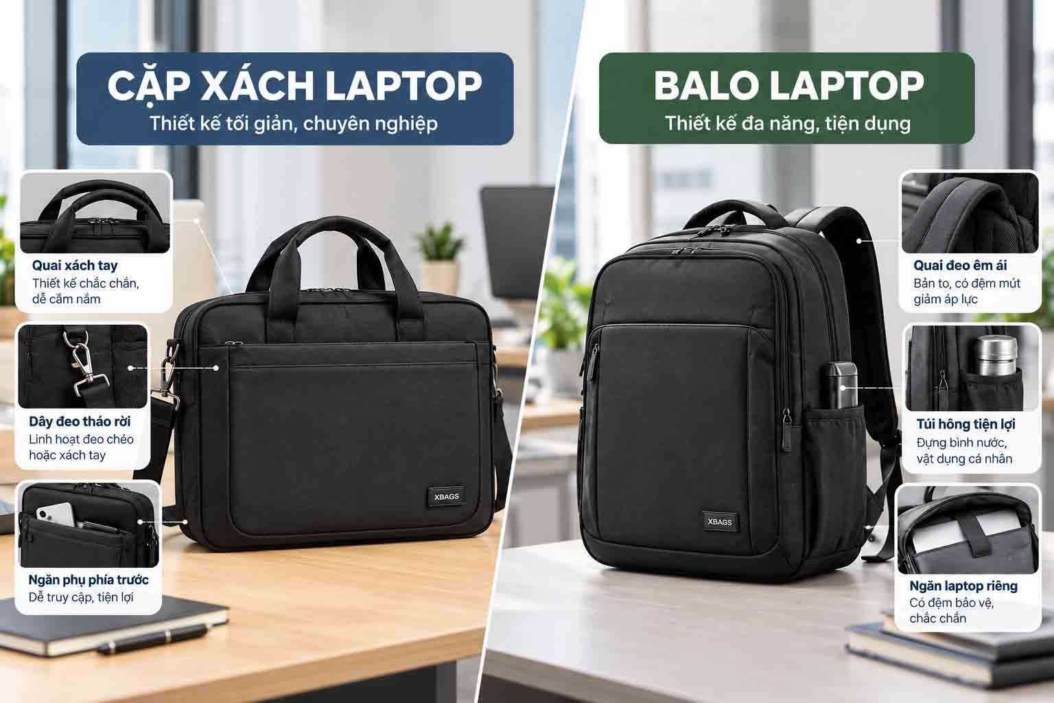 So sánh thiết kế của cặp xách laptop và balo laptop công sở