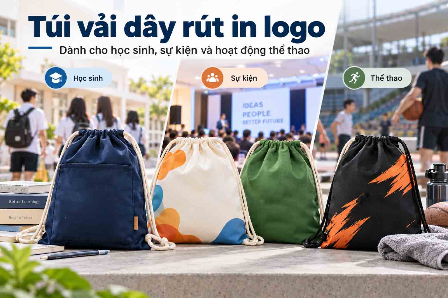 Túi vải dây rút in logo dành cho học sinh, sự kiện và hoạt động thể thao